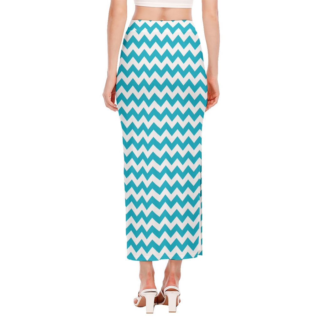 Blue And White Chevron Pattern Print Side Slit Maxi Skirt