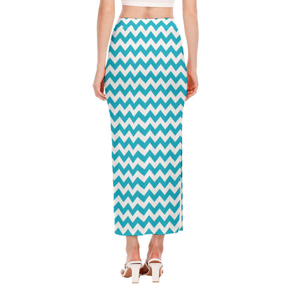 Blue And White Chevron Pattern Print Side Slit Maxi Skirt