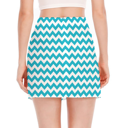 Blue And White Chevron Pattern Print Side Slit Mini Skirt