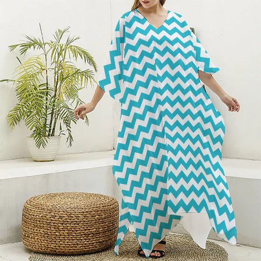 Blue And White Chevron Pattern Print Silk V-Neck Kaftan Dress