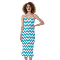 Blue And White Chevron Pattern Print Slim Fit Midi Cami Dress