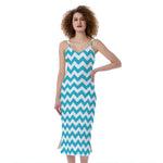 Blue And White Chevron Pattern Print Slim Fit Midi Cami Dress