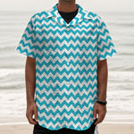 Blue And White Chevron Pattern Print Textured Short Sleeve Shirt