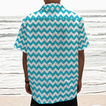 Blue And White Chevron Pattern Print Textured Short Sleeve Shirt