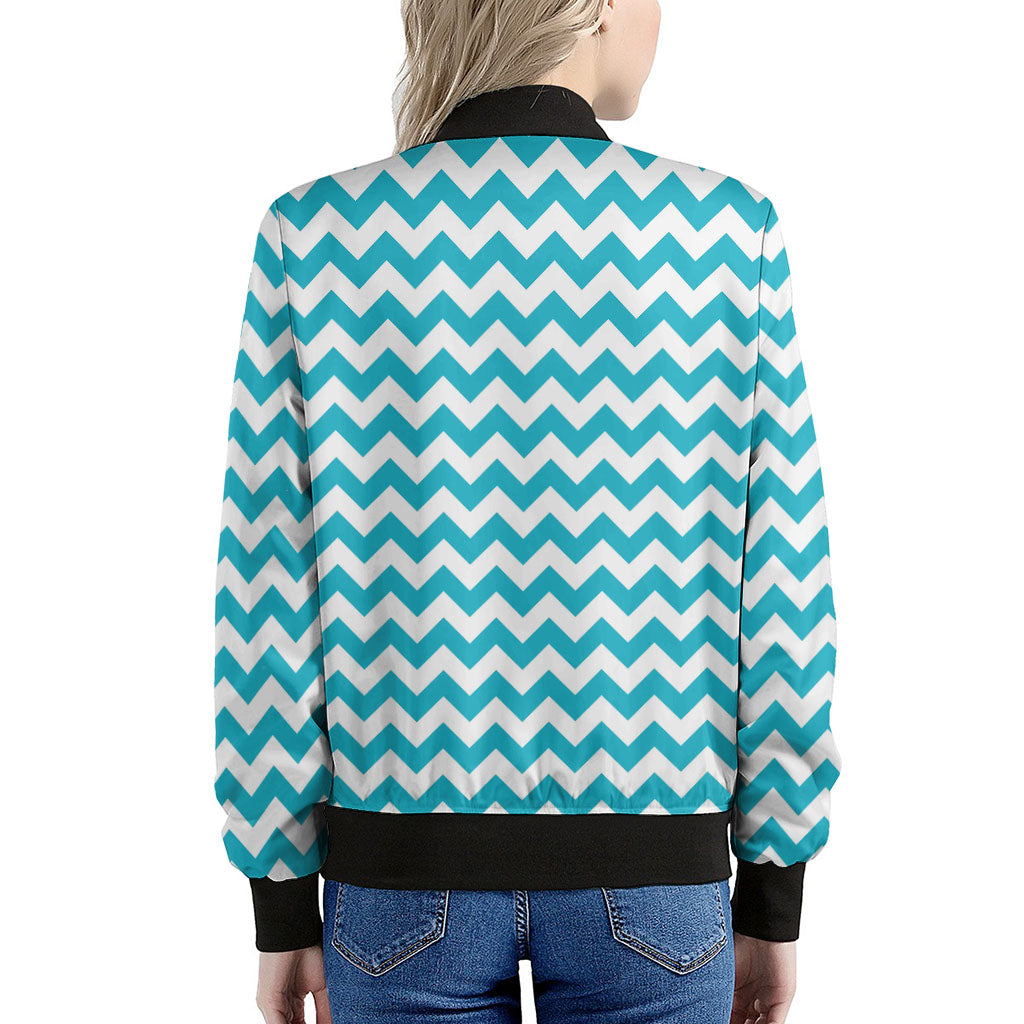Blue And White Chevron Pattern Print Women's Bomber Jacket