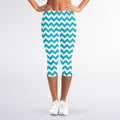 Blue And White Chevron Pattern Print Women's Capri Leggings