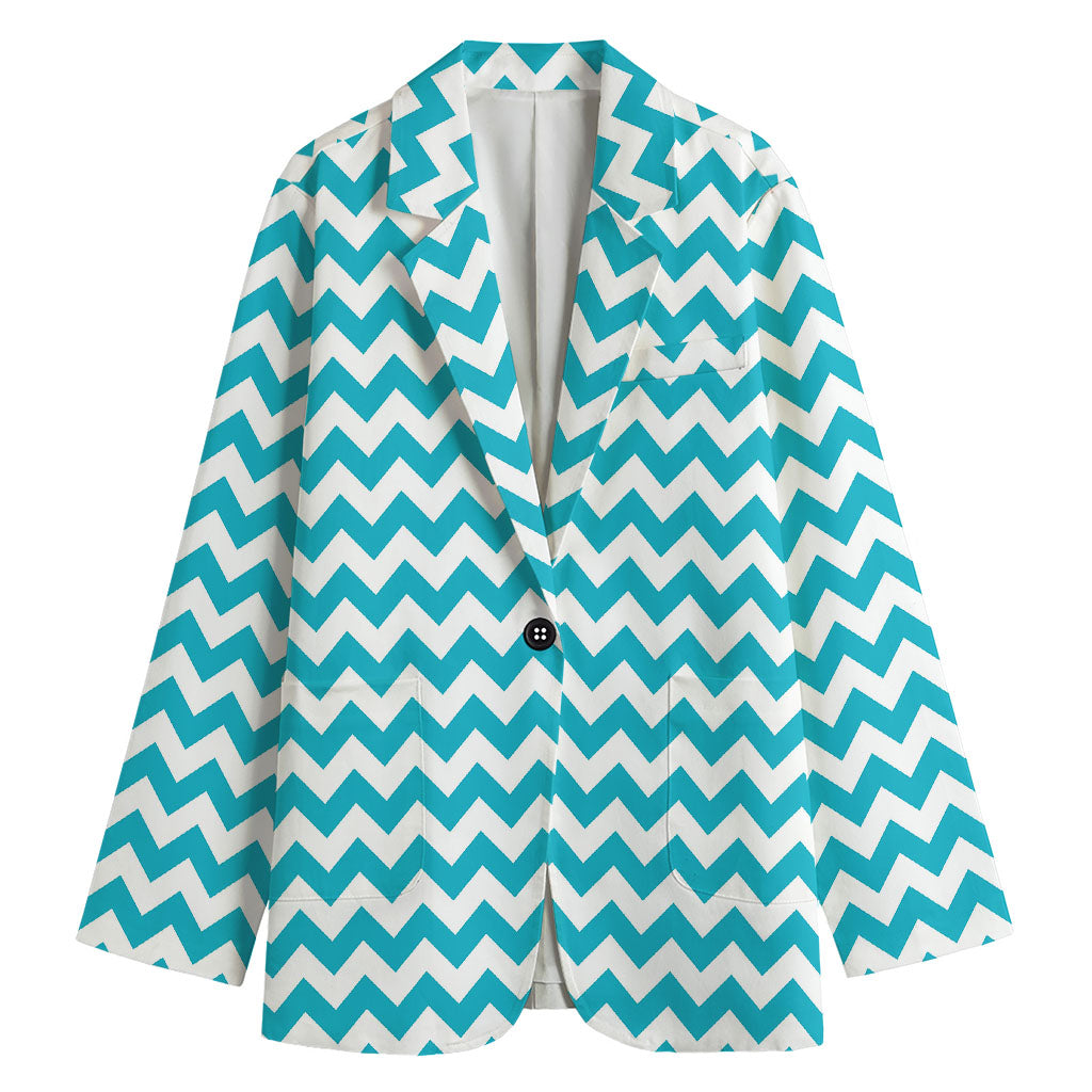 Blue And White Chevron Pattern Print Women's Cotton Blazer