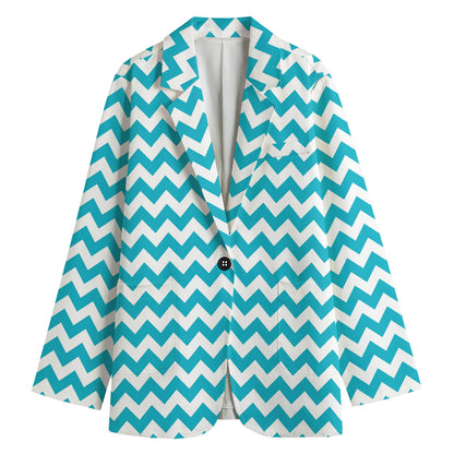 Blue And White Chevron Pattern Print Women's Cotton Blazer
