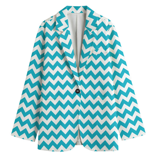 Blue And White Chevron Pattern Print Women's Cotton Blazer
