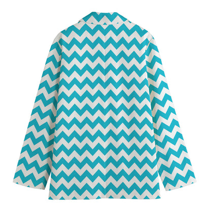 Blue And White Chevron Pattern Print Women's Cotton Blazer