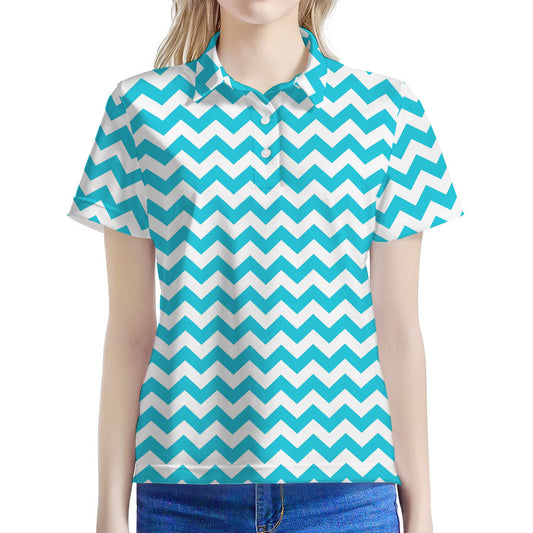 Blue And White Chevron Pattern Print Women's Polo Shirt
