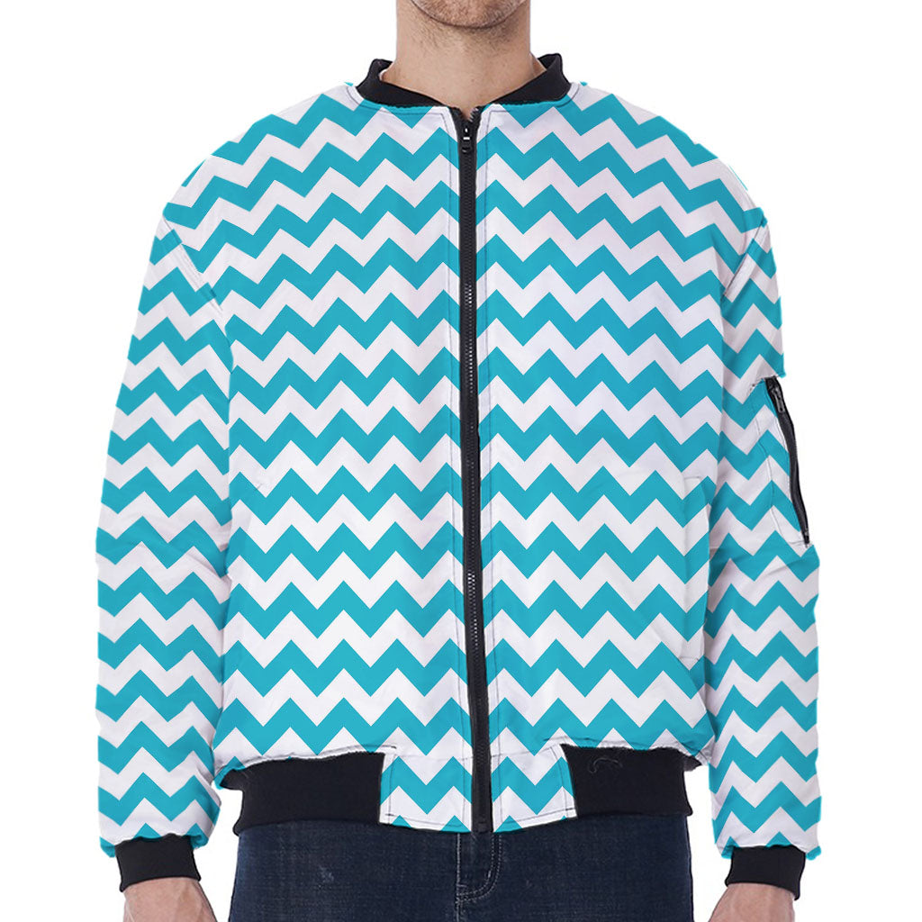 Blue And White Chevron Pattern Print Zip Sleeve Bomber Jacket