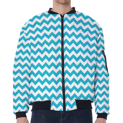 Blue And White Chevron Pattern Print Zip Sleeve Bomber Jacket