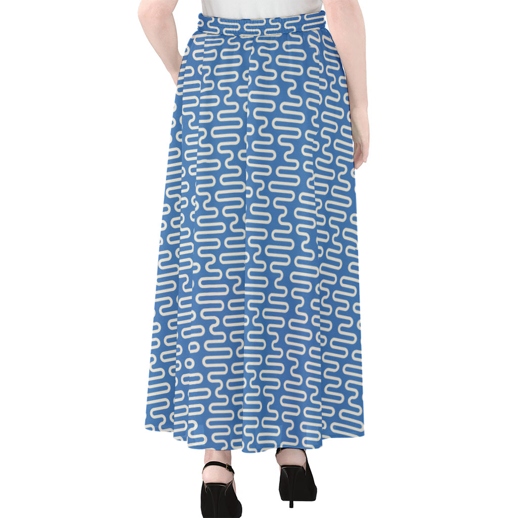 Blue And White DNA Pattern Print Chiffon Maxi Skirt