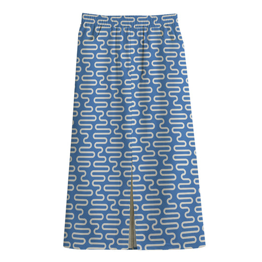 Blue And White DNA Pattern Print Cotton Front Slit Maxi Skirt