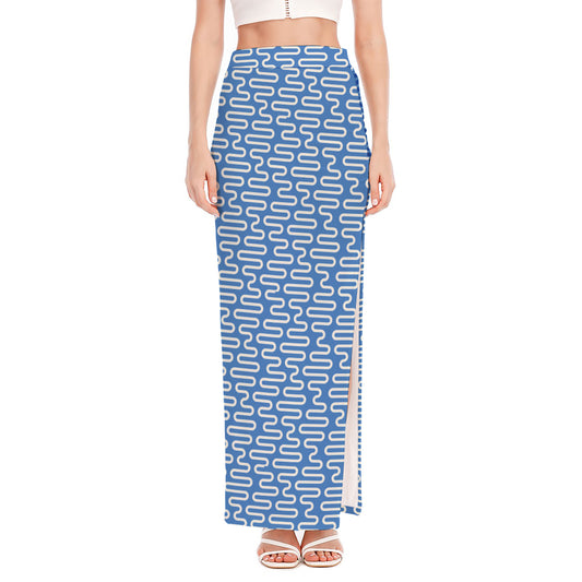 Blue And White DNA Pattern Print High Slit Maxi Skirt
