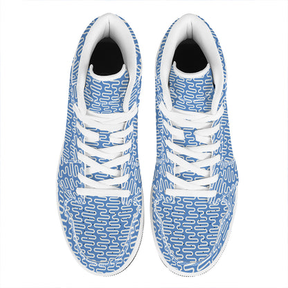 Blue And White DNA Pattern Print High Top Leather Sneakers