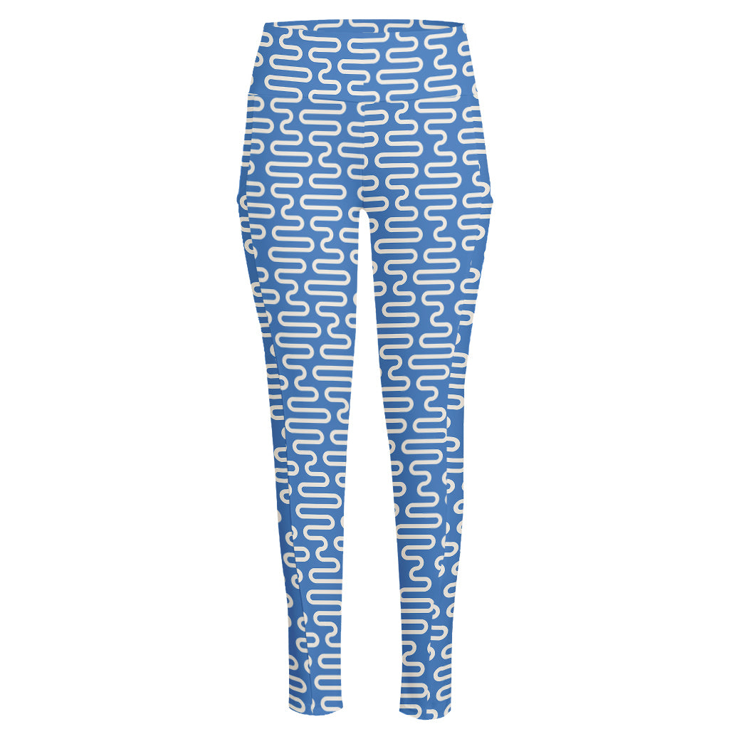 Blue And White DNA Pattern Print High-Waisted Pocket Leggings