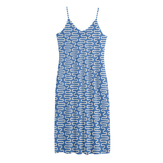 Blue And White DNA Pattern Print Jersey Midi Cami Dress