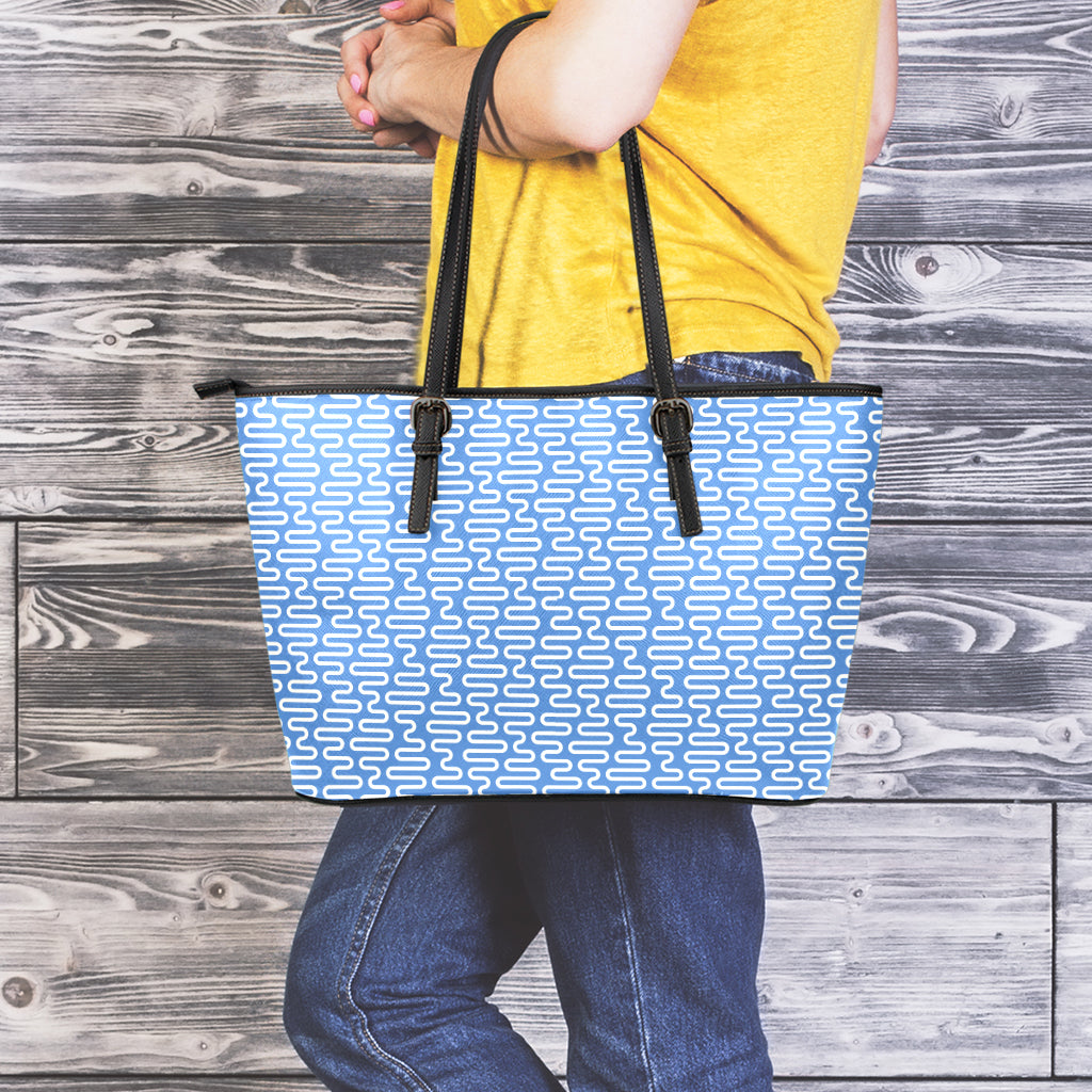 Blue And White DNA Pattern Print Leather Tote Bag