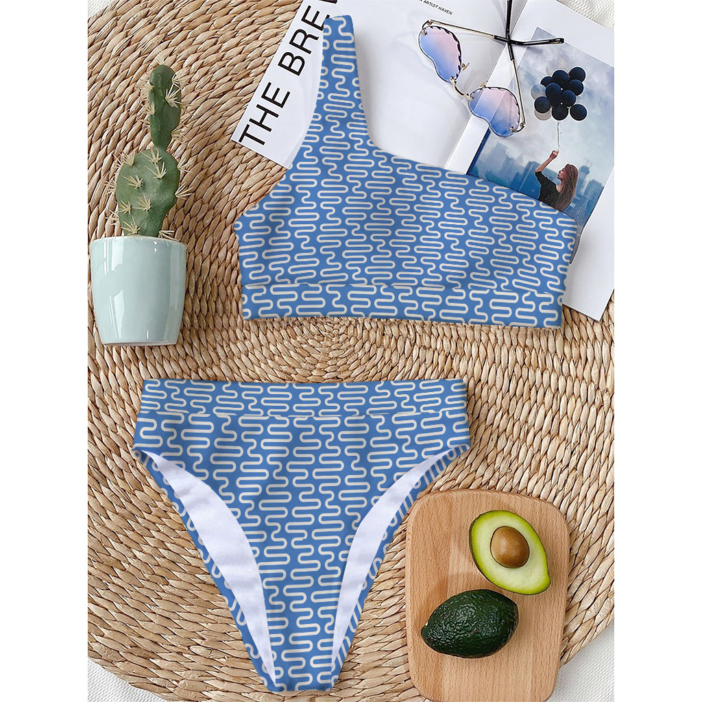 Blue And White DNA Pattern Print One Shoulder Bikini Top