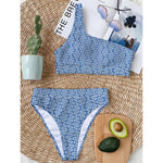 Blue And White DNA Pattern Print One Shoulder Bikini Top