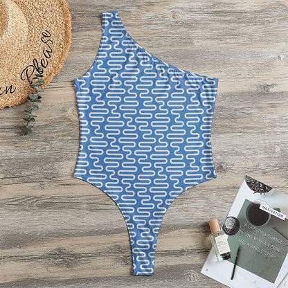 Blue And White DNA Pattern Print One Shoulder Bodysuit