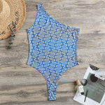 Blue And White DNA Pattern Print One Shoulder Bodysuit