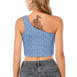 Blue And White DNA Pattern Print One Shoulder Crop Top