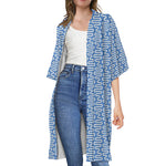 Blue And White DNA Pattern Print Open Front Beach Cover Up