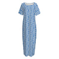 Blue And White DNA Pattern Print Short Sleeve Long Nightdress