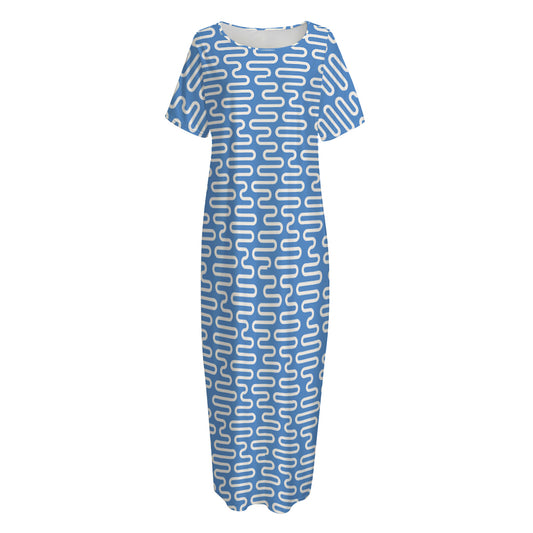 Blue And White DNA Pattern Print Short Sleeve Long Nightdress