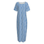 Blue And White DNA Pattern Print Short Sleeve Long Nightdress
