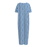 Blue And White DNA Pattern Print Short Sleeve Long Nightdress