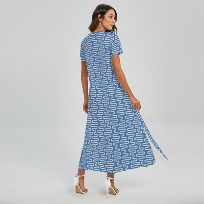 Blue And White DNA Pattern Print Short Sleeve Maxi Dress