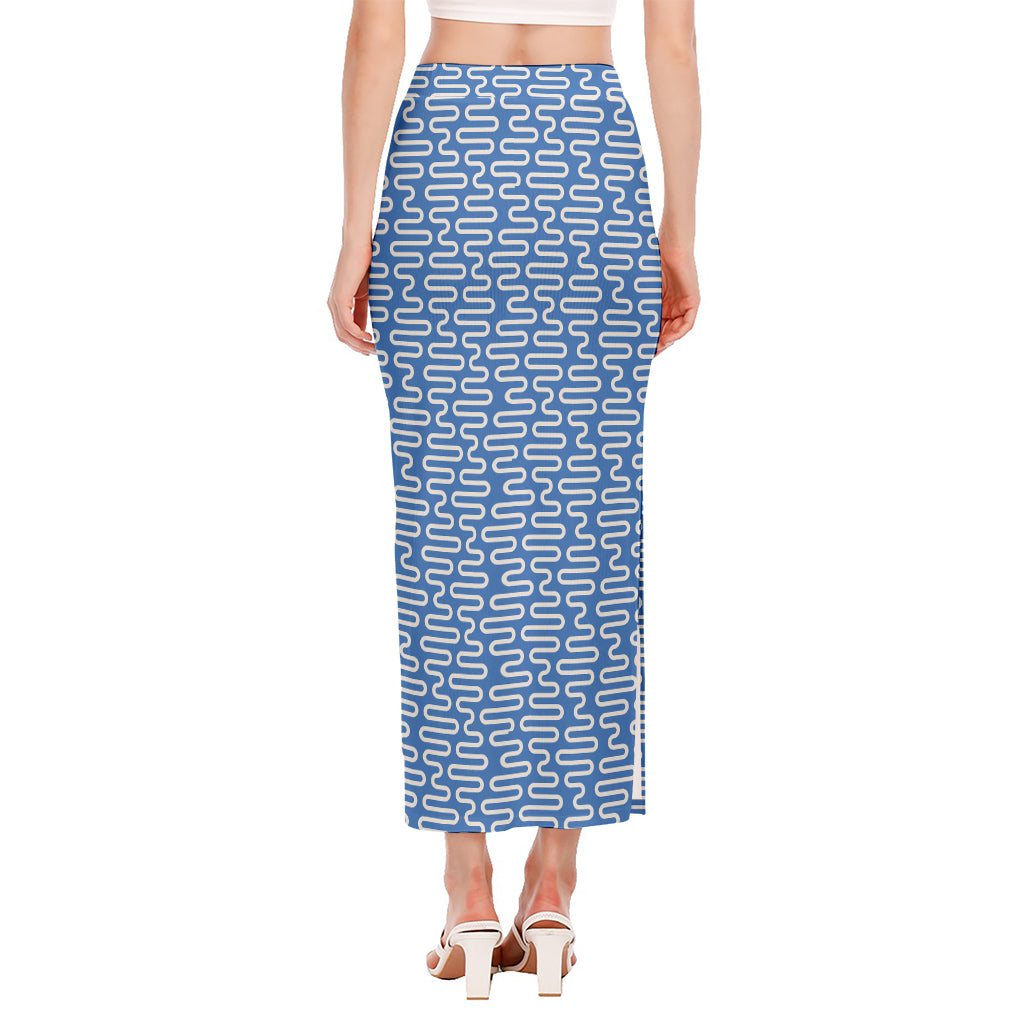 Blue And White DNA Pattern Print Side Slit Maxi Skirt