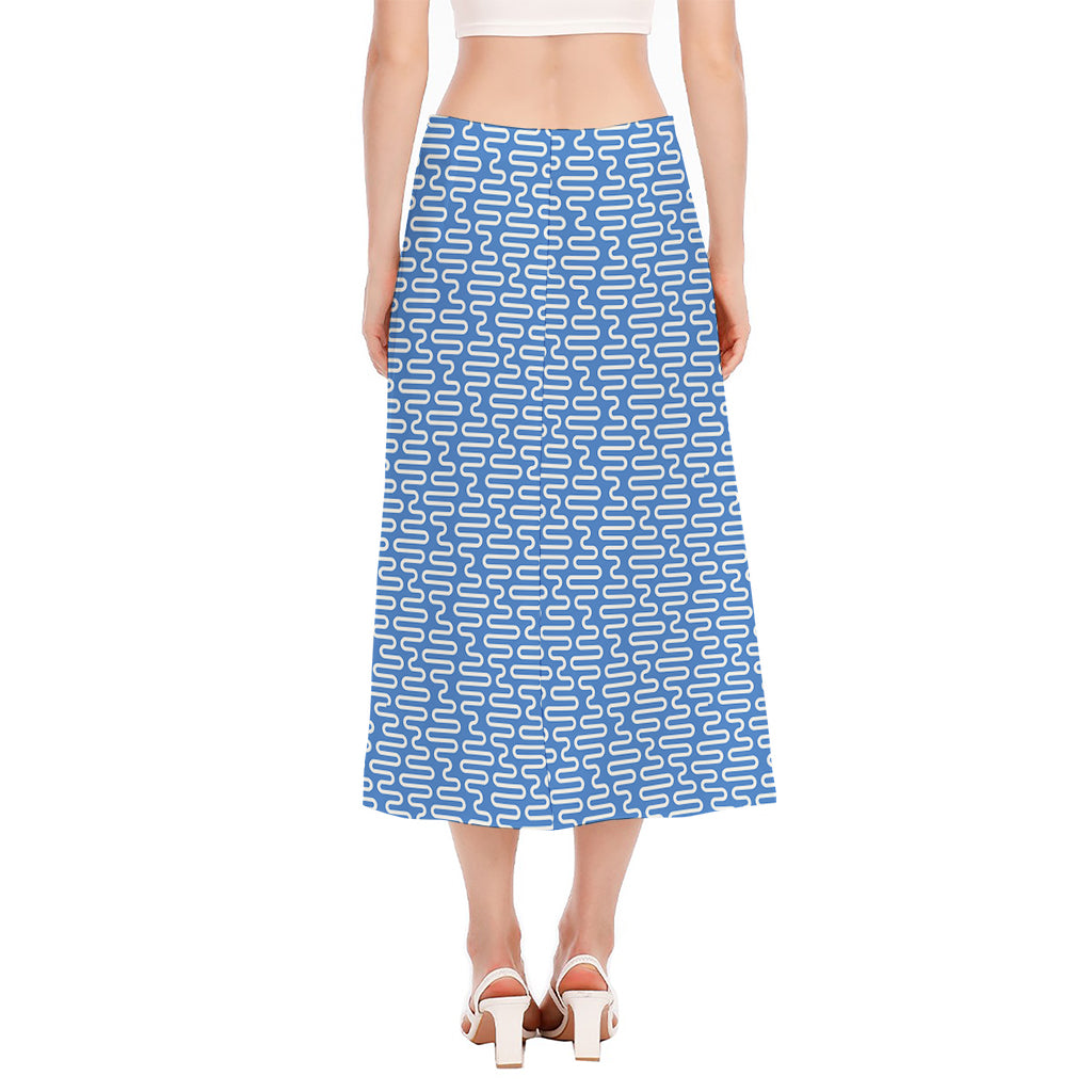 Blue And White DNA Pattern Print Side Slit Midi Skirt