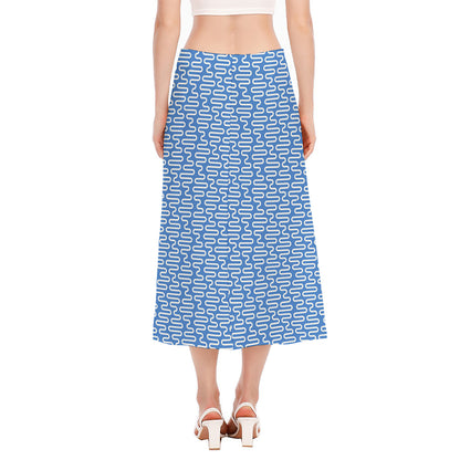 Blue And White DNA Pattern Print Side Slit Midi Skirt