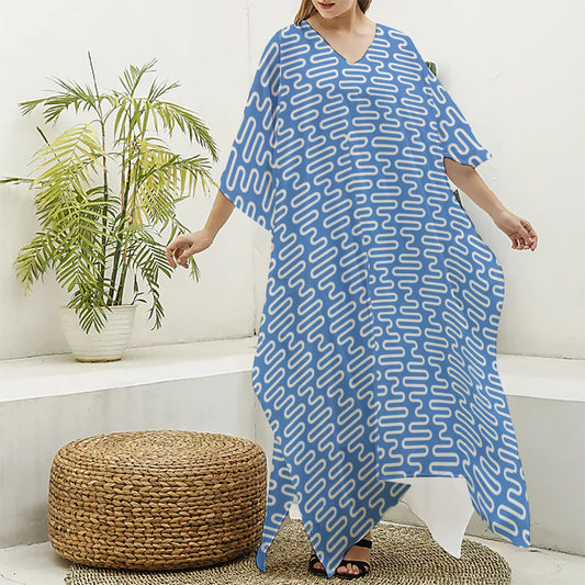 Blue And White DNA Pattern Print Silk V-Neck Kaftan Dress