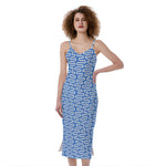 Blue And White DNA Pattern Print Slim Fit Midi Cami Dress