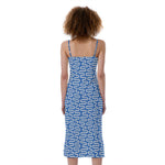Blue And White DNA Pattern Print Slim Fit Midi Cami Dress