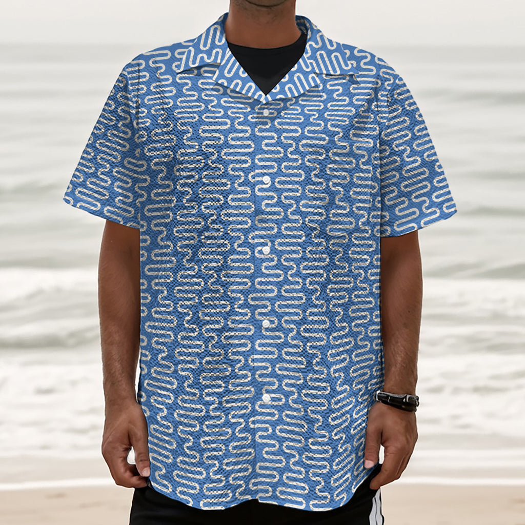 Blue And White DNA Pattern Print Textured Short Sleeve Shirt