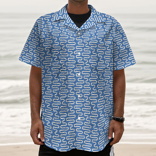 Blue And White DNA Pattern Print Textured Short Sleeve Shirt