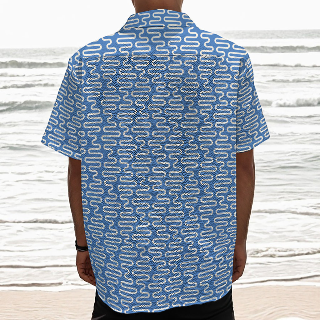 Blue And White DNA Pattern Print Textured Short Sleeve Shirt