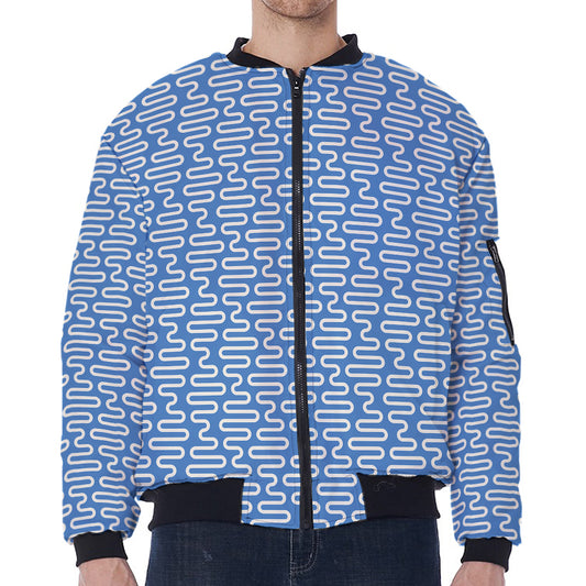 Blue And White DNA Pattern Print Zip Sleeve Bomber Jacket