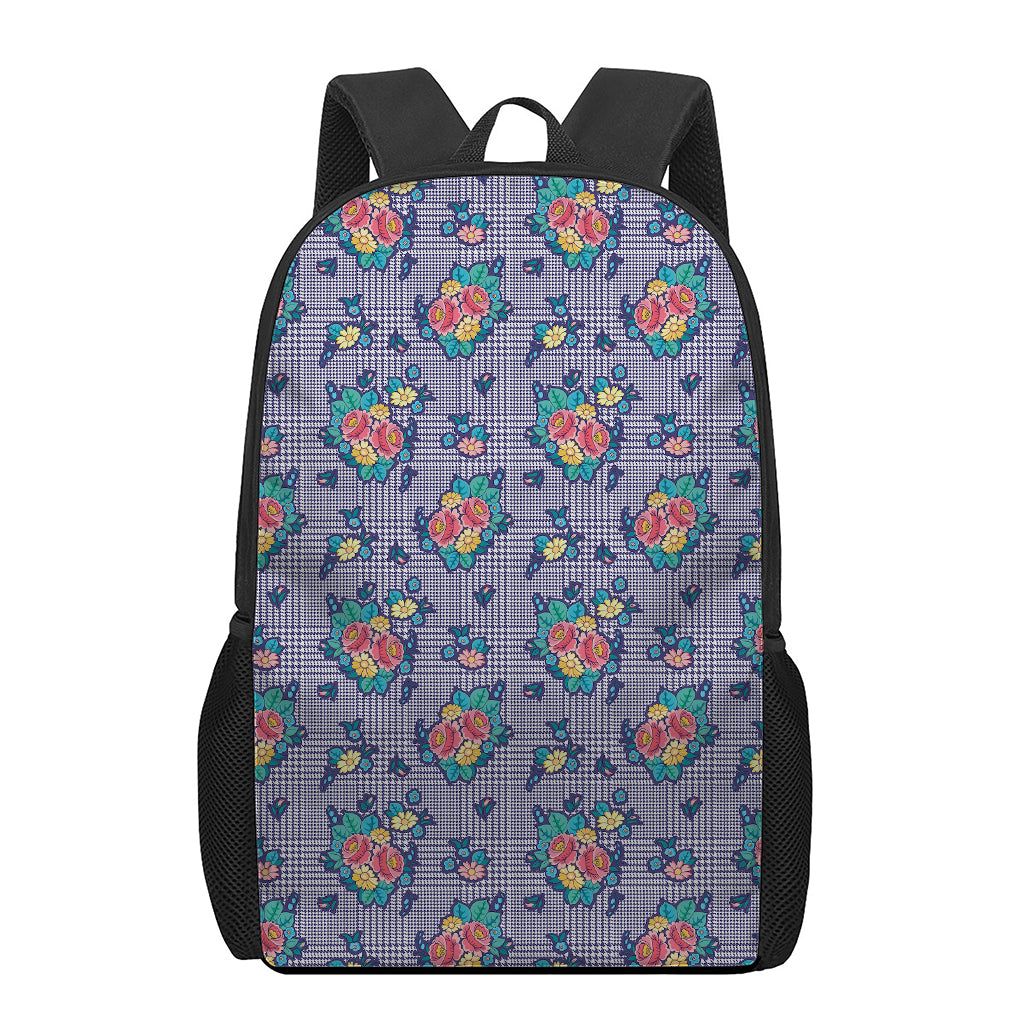 Blue And White Floral Glen Plaid Print 17 Inch Backpack