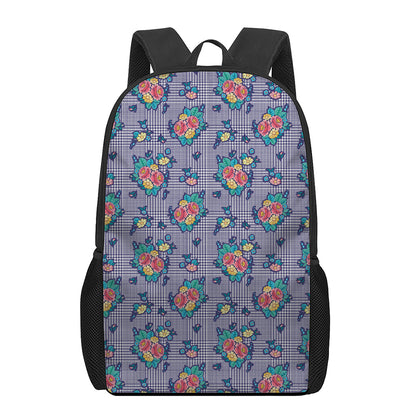Blue And White Floral Glen Plaid Print 17 Inch Backpack