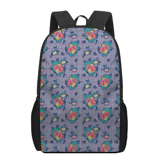 Blue And White Floral Glen Plaid Print 17 Inch Backpack