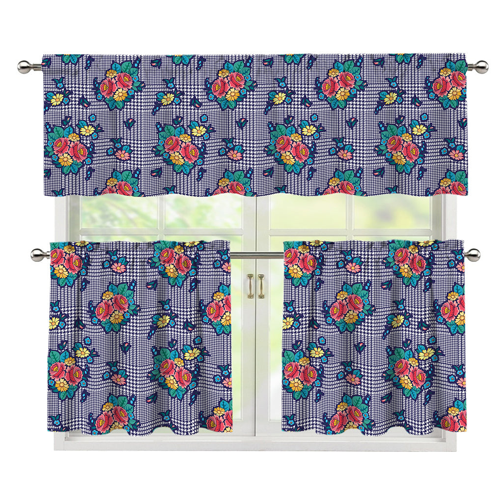 Blue And White Floral Glen Plaid Print 3 Piece Kitchen Curtains