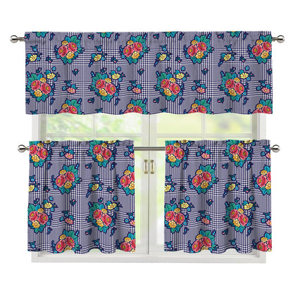 Blue And White Floral Glen Plaid Print 3 Piece Kitchen Curtains